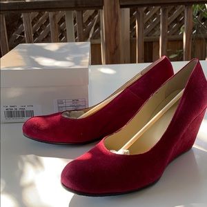 Raspberry colored suede wedges